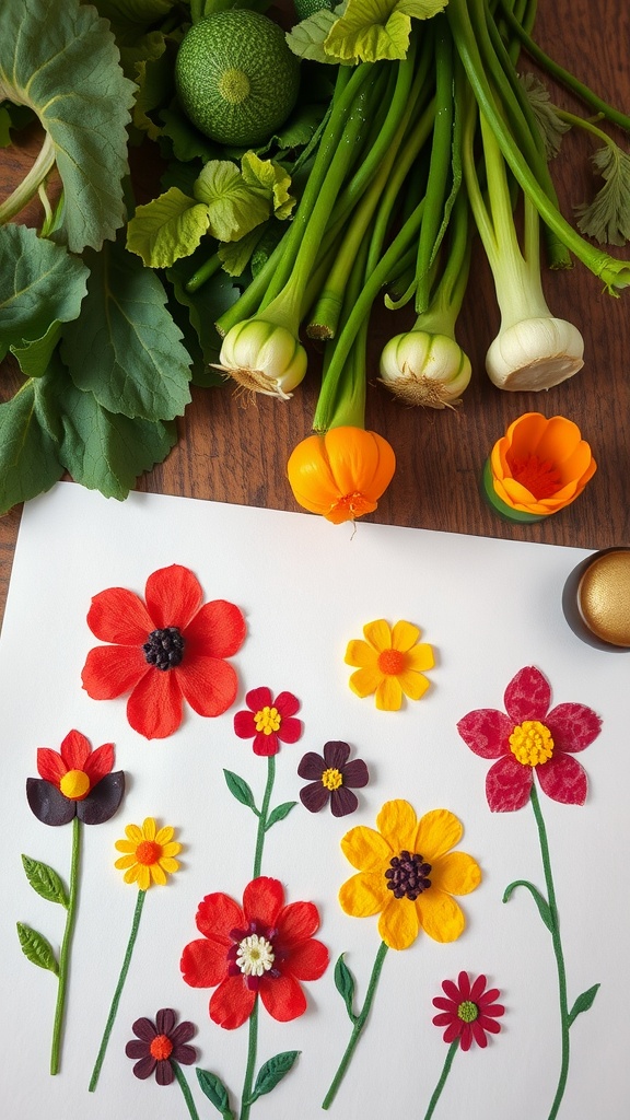 Colorful vegetable stamps creating flower shapes on paper