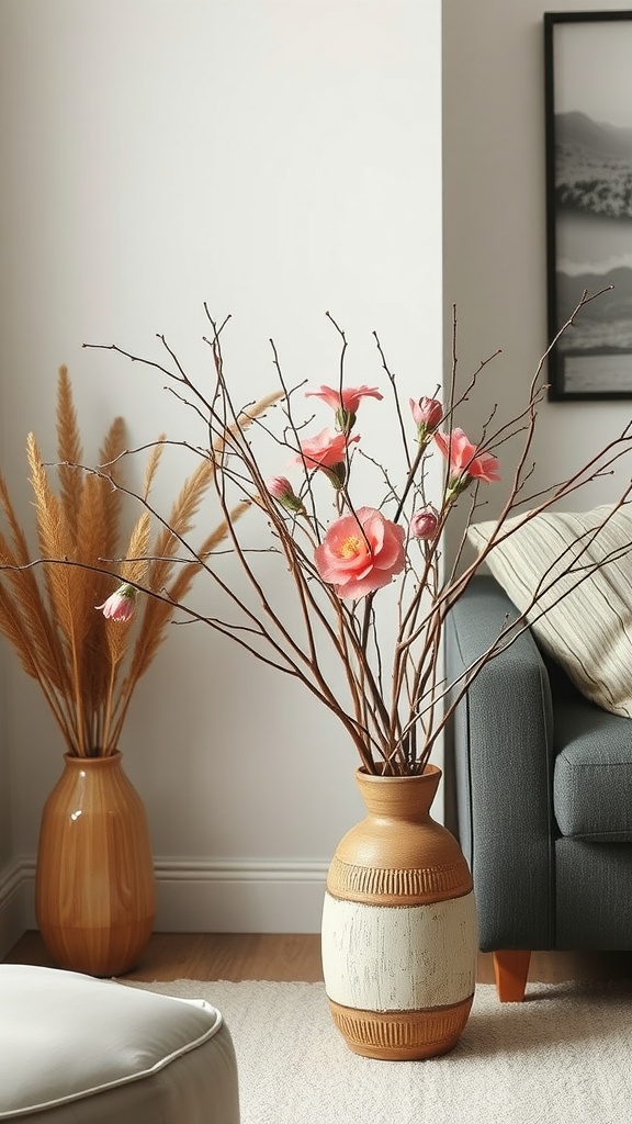 Decorative vases with pink flowers and branches in a living room setting