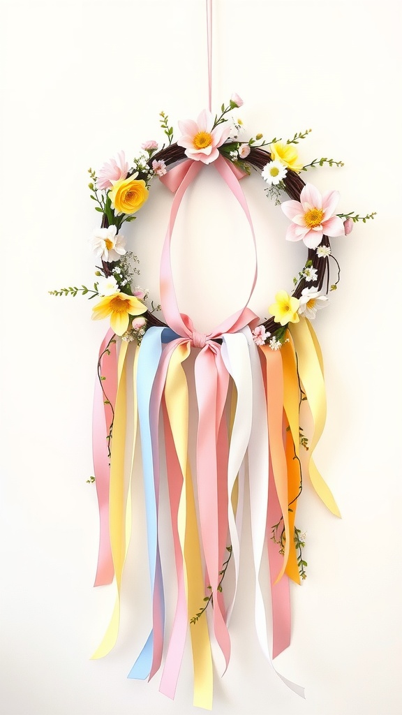 A springtime ribbon swag wreath adorned with flowers and colorful ribbons.