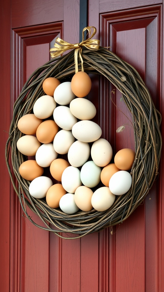 A wreath made of stacked eggs in soft colors, tied with a golden ribbon, hanging on a red door.