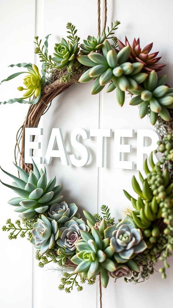 A succulent Easter wreath featuring various green and purple succulents, with the word 'EASTER' displayed prominently.