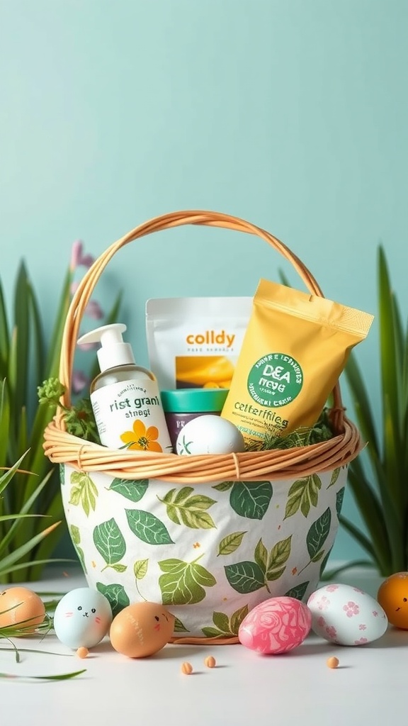 A beautifully arranged Easter basket filled with eco-friendly products and decorated eggs.