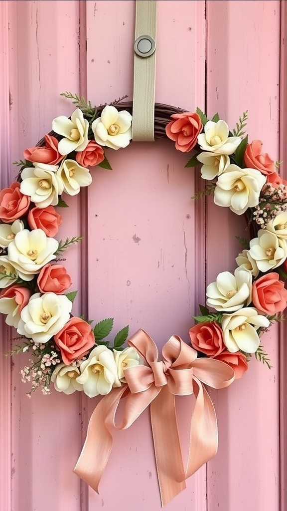 A floral wreath with pink and cream roses hung on a pink door.