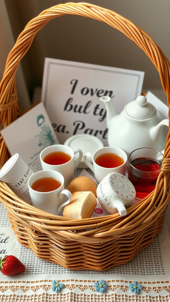 A wicker basket filled with tea cups, a teapot, pastries, and a sign for a tea party.