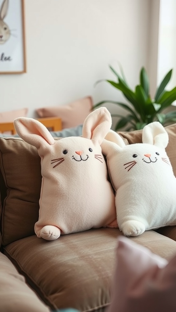 Two textured bunny pillows in peach and white on a couch