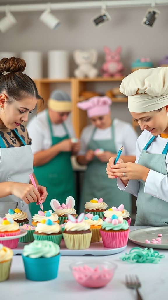 A group of bakers decorating colorful cupcakes with festive toppings for Easter.