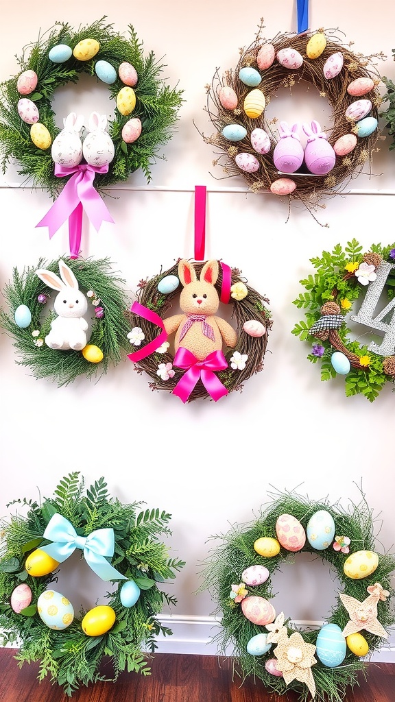 A collection of Easter-themed wreaths with colorful eggs and bunny decorations.