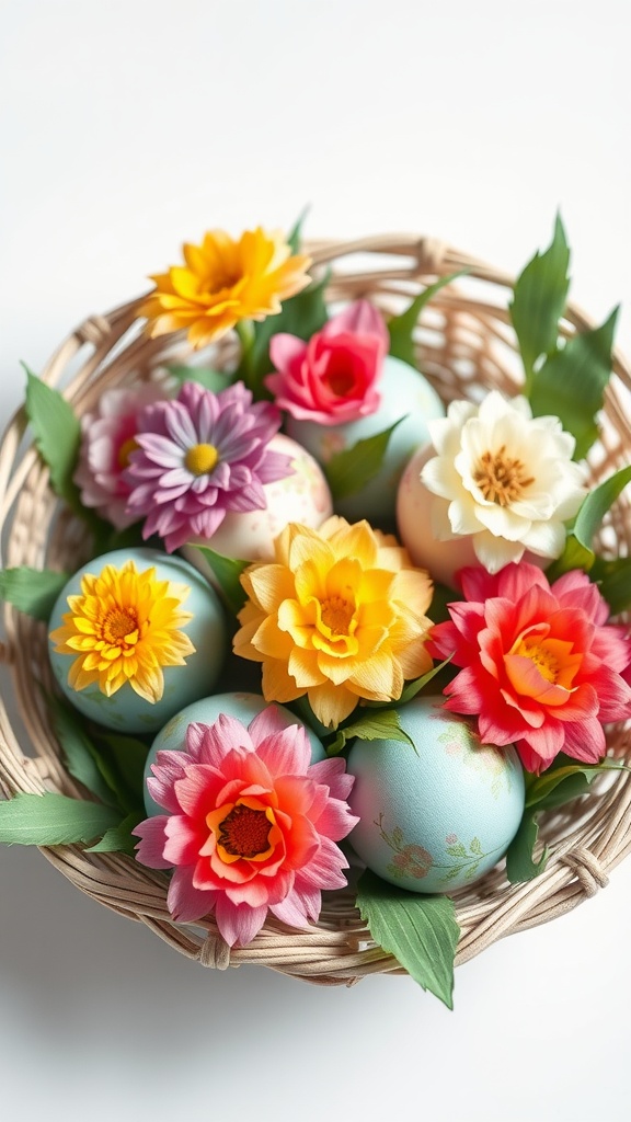 A basket filled with decorated eggs and colorful tissue paper flowers, showcasing a vibrant spring theme.