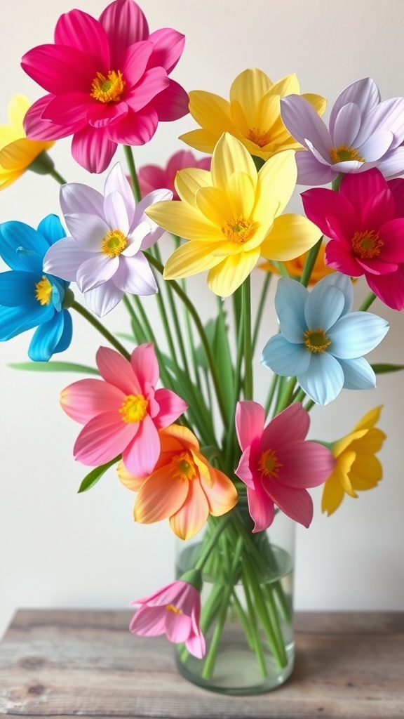 A vibrant bouquet of tissue paper flowers in various colors including pink, yellow, blue, and purple.