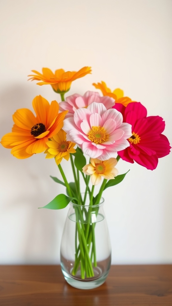 A colorful arrangement of tissue paper flowers in a clear vase.