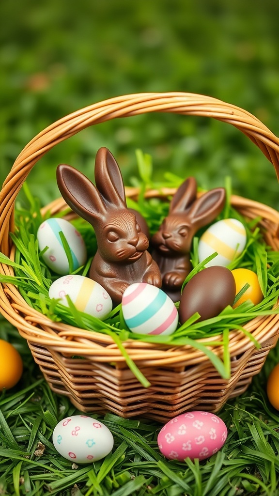 A traditional Easter basket filled with chocolate bunnies and colorful eggs.