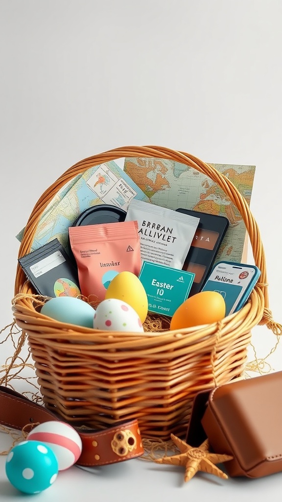 A wicker basket filled with travel-themed items, colorful Easter eggs, a map, and travel essentials.