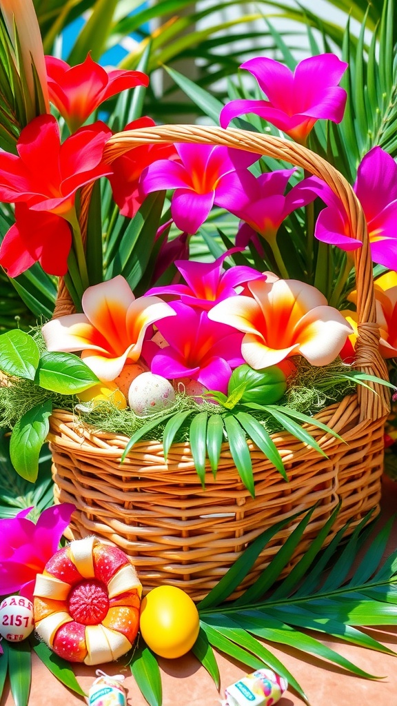 A wicker basket filled with colorful flowers, Easter eggs, and tropical decorations.