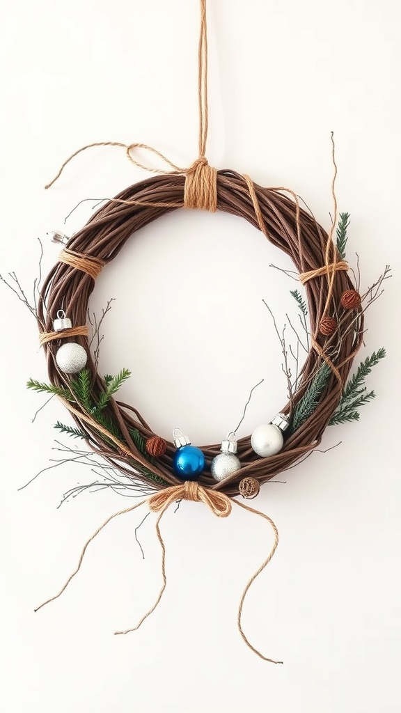 A twine wrapped Easter wreath decorated with ornaments and greenery.