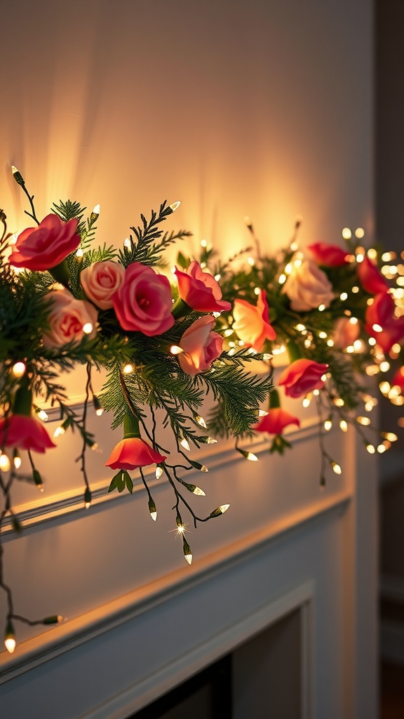 A twinkle light garland with pink roses and greenery, glowing softly on a mantel