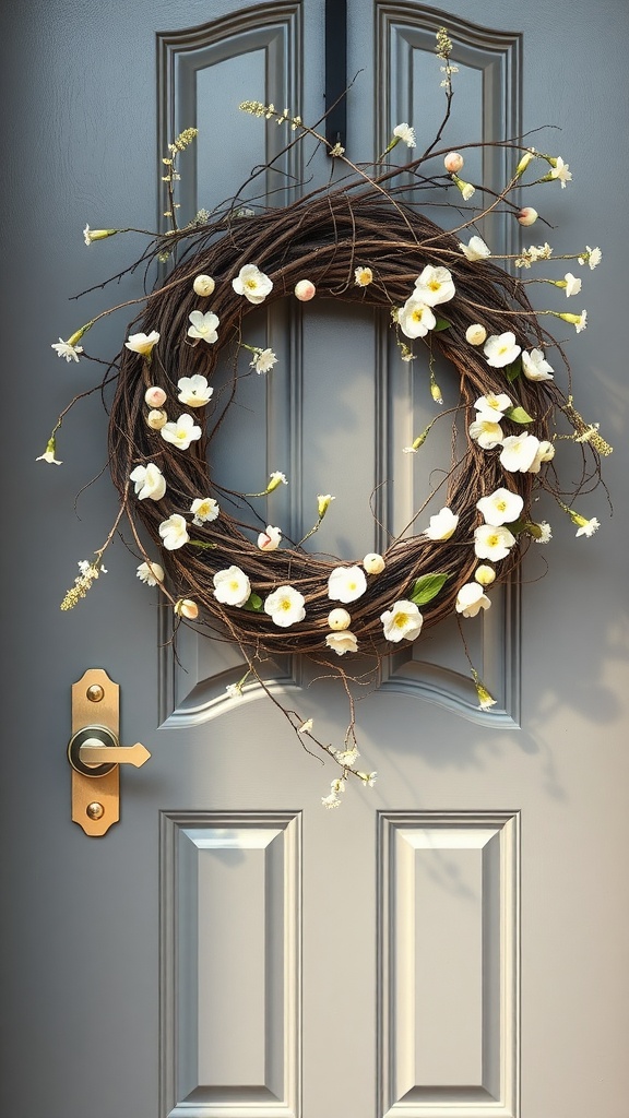 A beautiful twisted vine wreath adorned with white flowers and delicate greenery, hanging on a grey door.