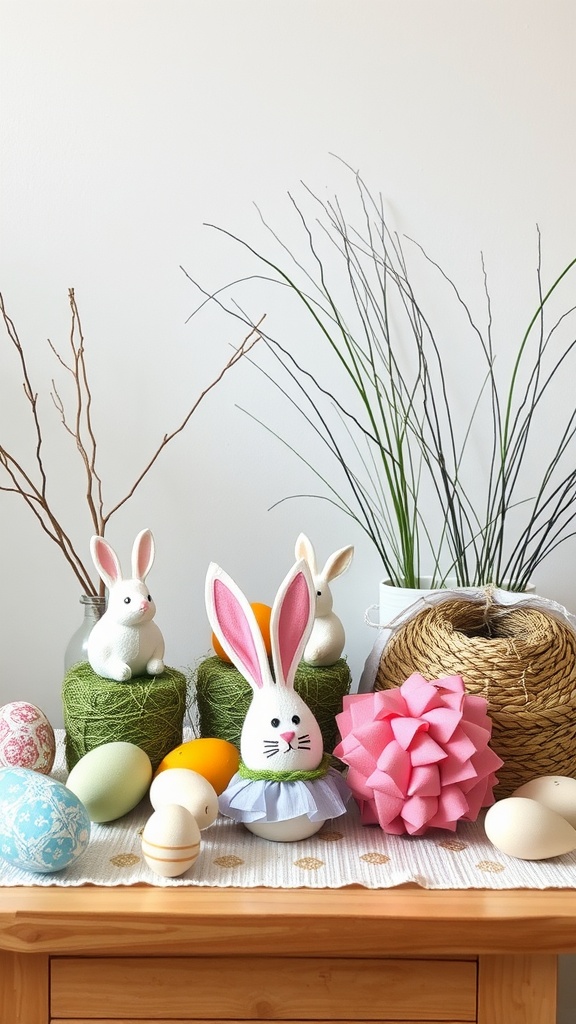 A display of upcycled Easter decorations featuring a bunny figure, colorful eggs, and natural elements like twigs and yarn.