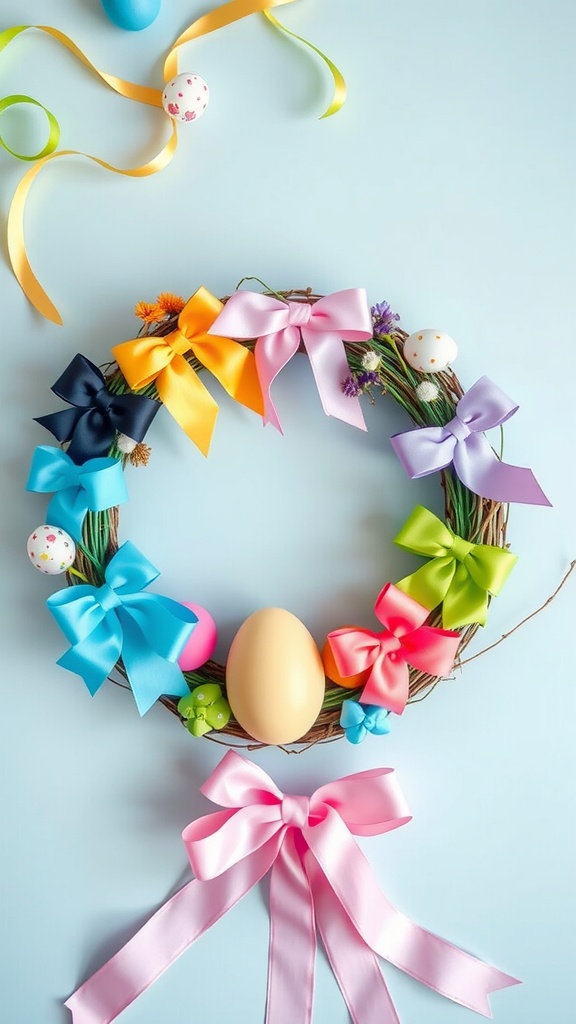 Colorful Easter egg wreath decorated with ribbons and bows