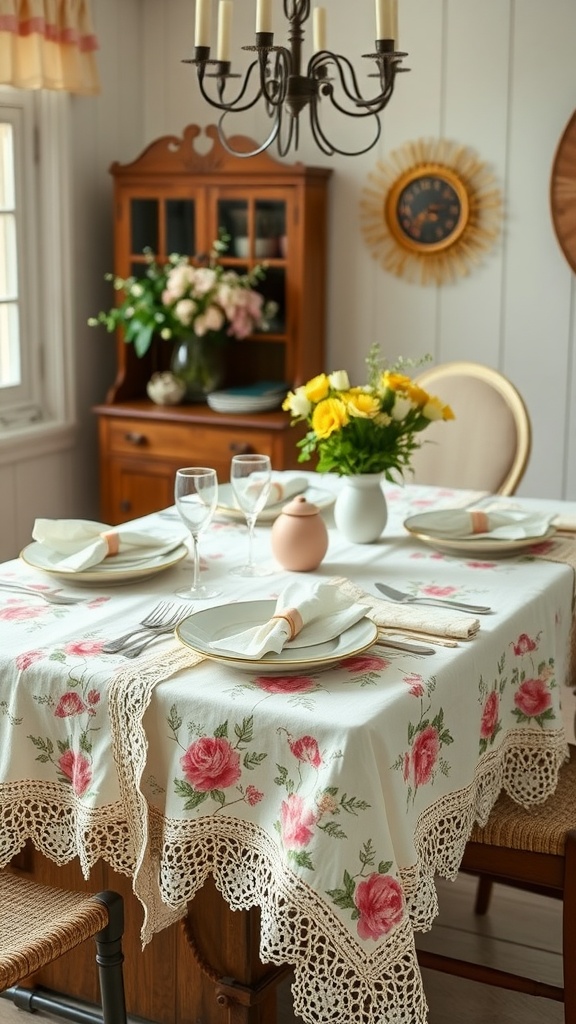 A dining table set with vintage floral table linens, featuring roses and lace, alongside a bouquet of yellow roses and pink flowers.