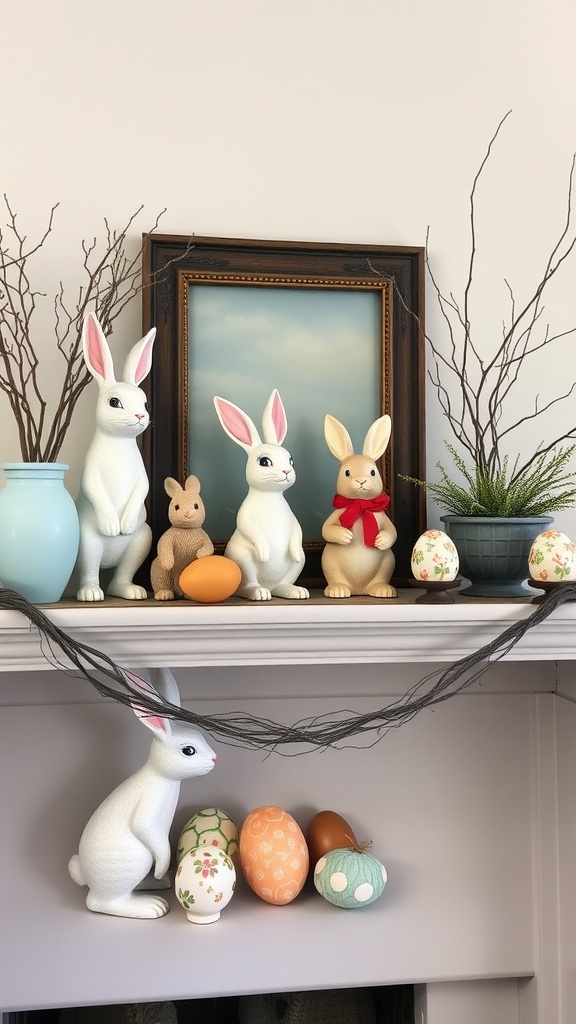 A charming Easter mantel display featuring vintage bunnies and colorful eggs.