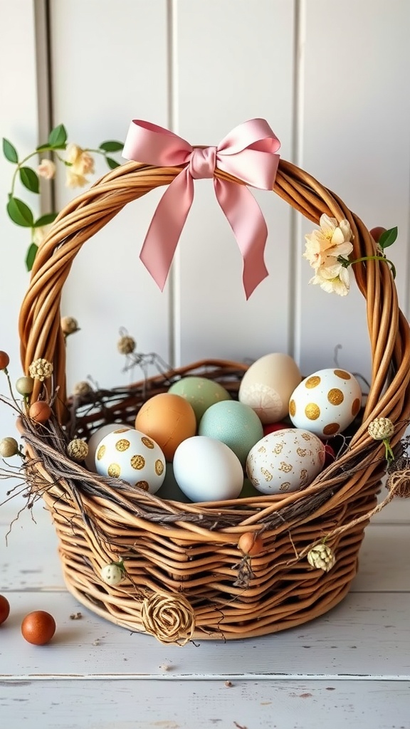 A vintage basket filled with colorful Easter eggs, adorned with a pink ribbon and floral decorations.