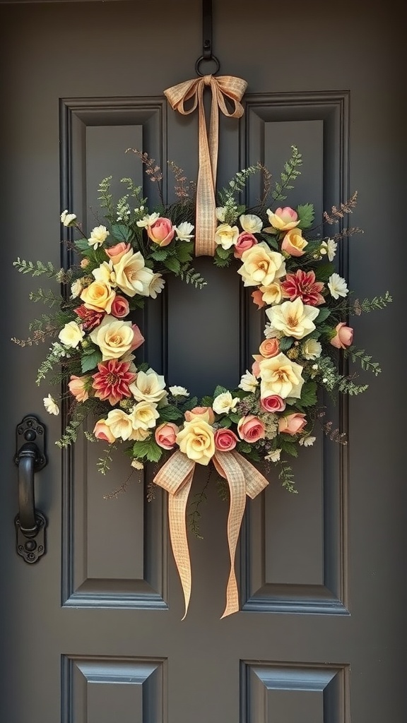 A vintage floral wreath with yellow and pink roses, greenery, and a plaid ribbon, hanging on a dark door.