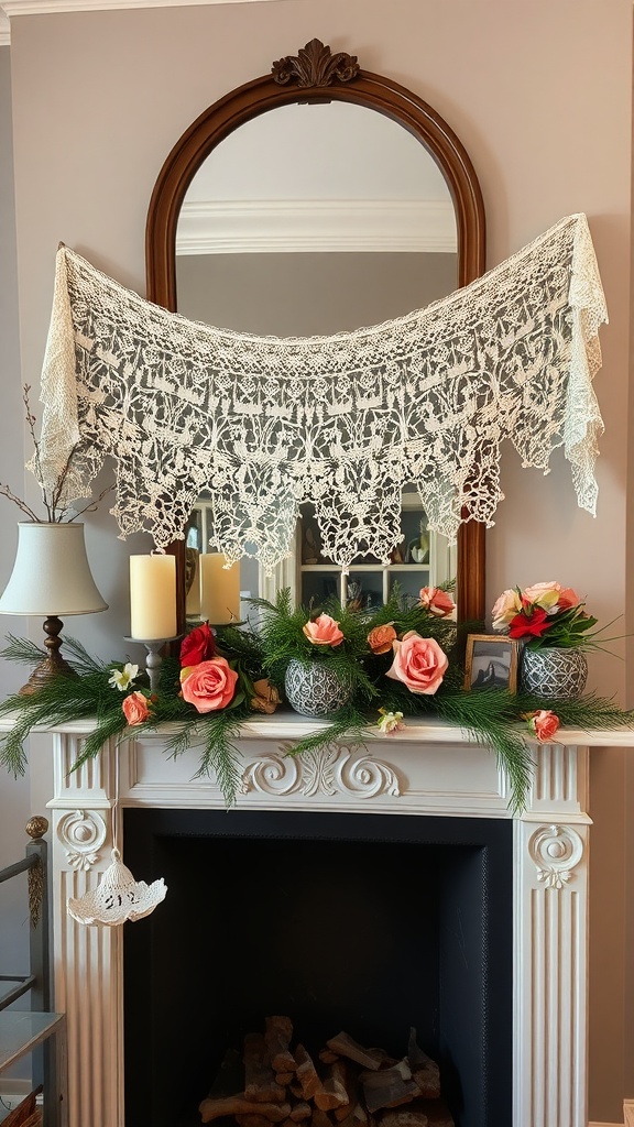 A vintage lace garland draped over a mirror, complemented by a floral arrangement on a mantel.