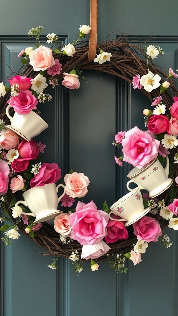 A vintage tea cup wreath adorned with pink and white roses, displayed on a door.