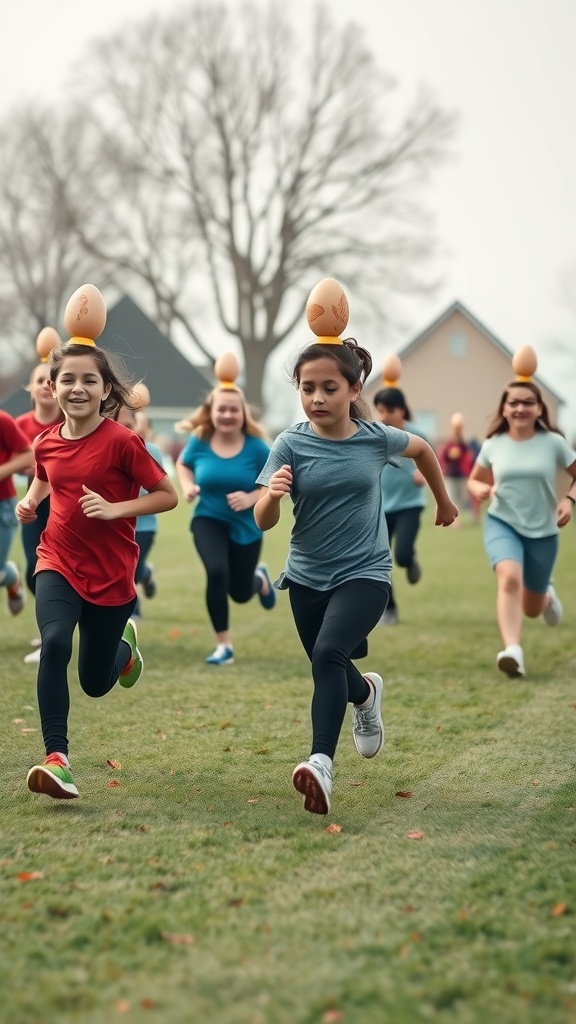 Children participating in a relay race while balancing eggs on their heads.