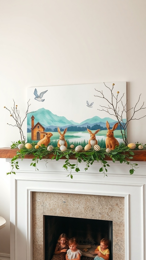 A mantel decorated with a watercolor art piece featuring mountains, bunnies, and Easter eggs, complemented by greenery.