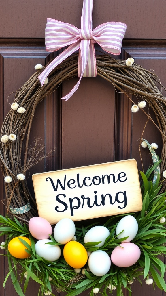 A wreath with pastel Easter eggs and a wooden sign that says 'Welcome Spring' on a front door.