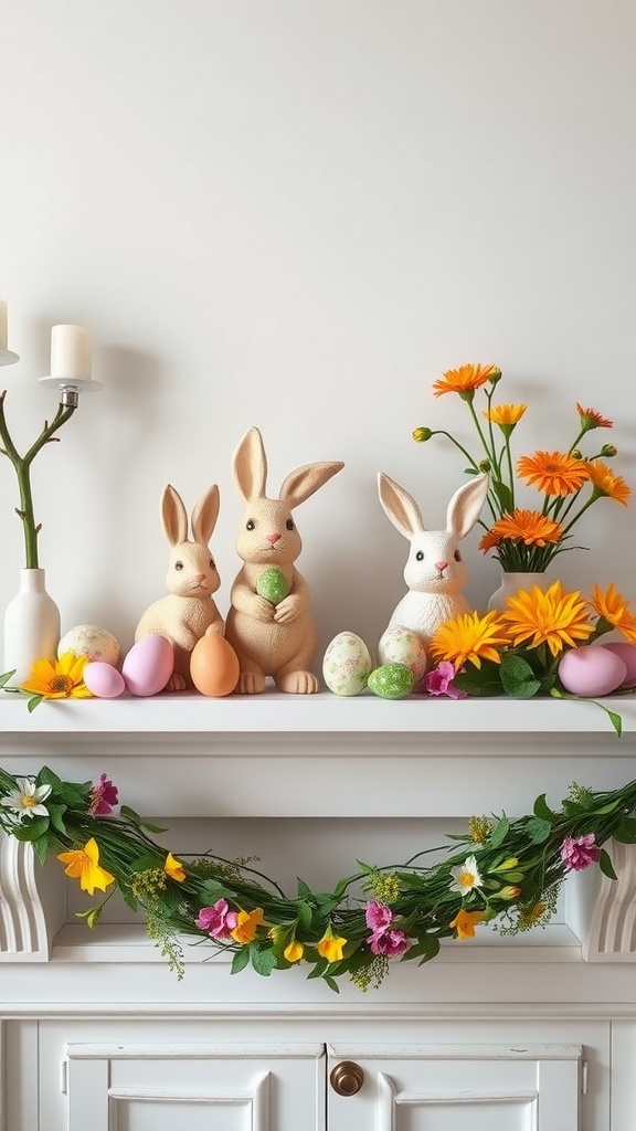 Easter mantel decorated with bunny figurines, colorful eggs, and flowers