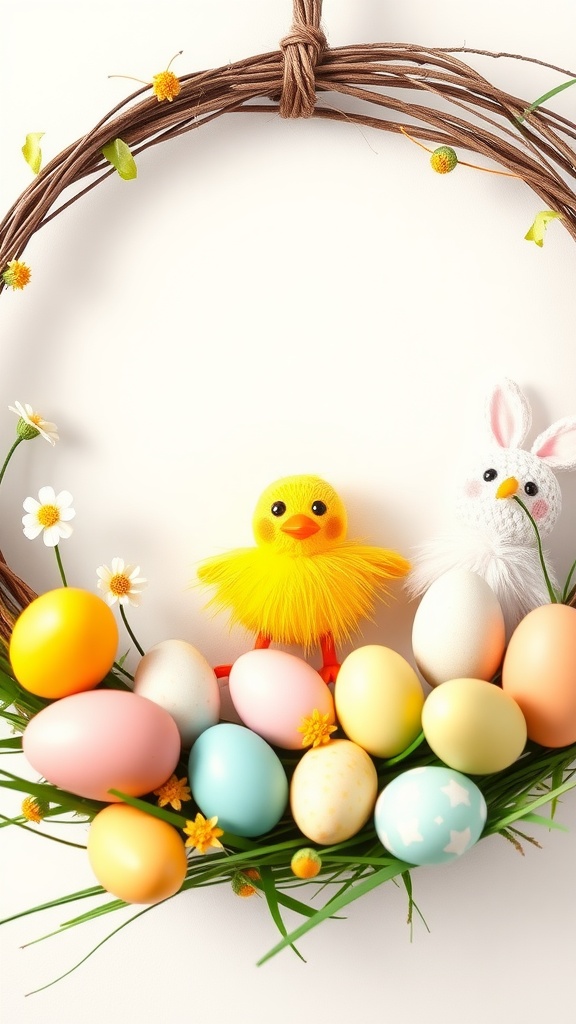 Whimsical Chick Wreath featuring a yellow chick and bunny, surrounded by colorful Easter eggs and flowers