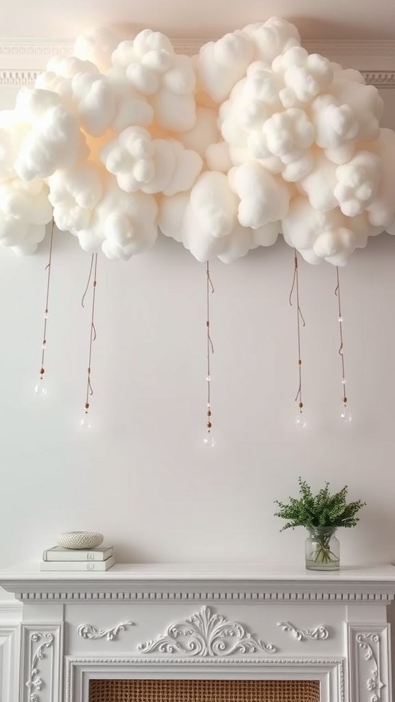 A whimsical cloud and rain garland above a mantel with a potted plant and books.