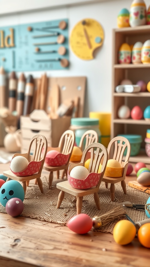 Mini wooden chairs holding colorful Easter eggs in a creative workspace