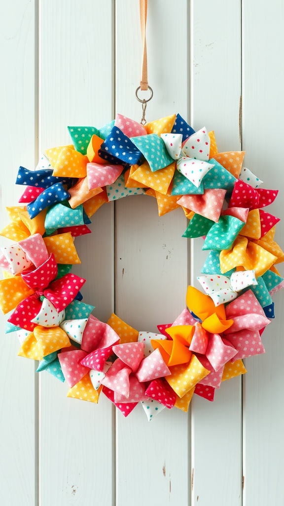 A colorful fabric scrap wreath with polka dots hanging on a white wooden background