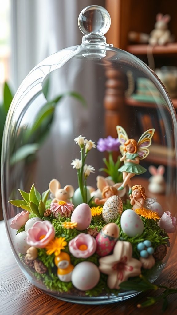 A whimsical fairy garden centerpiece under a glass cloche featuring fairies, flowers, and colorful Easter eggs.