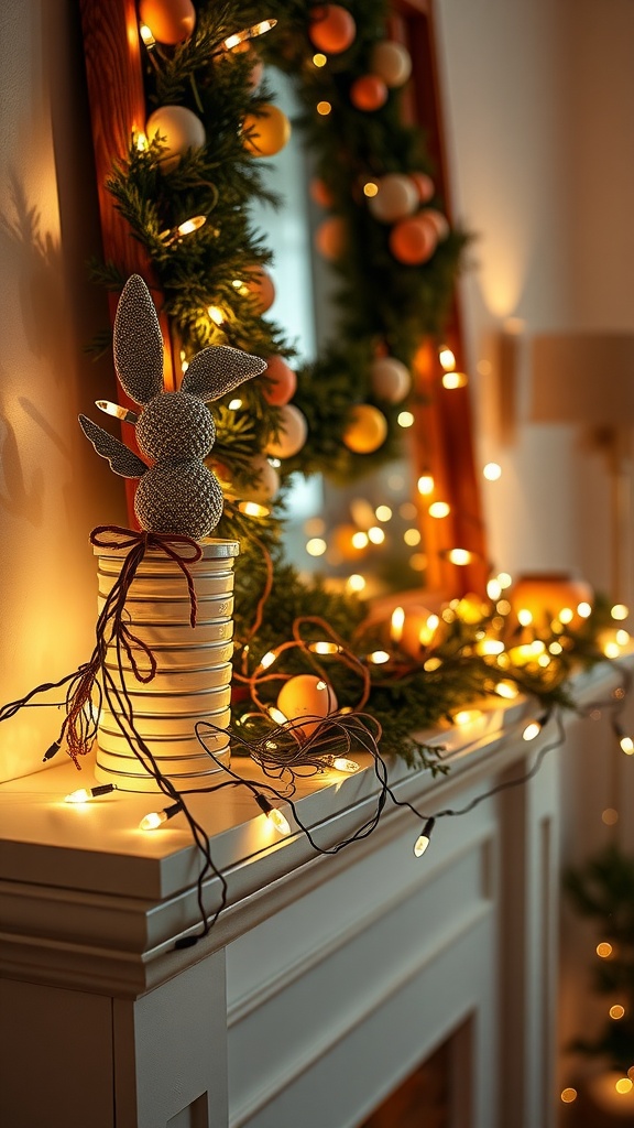 Easter mantel decorated with fairy lights, a bunny figurine, and pastel eggs