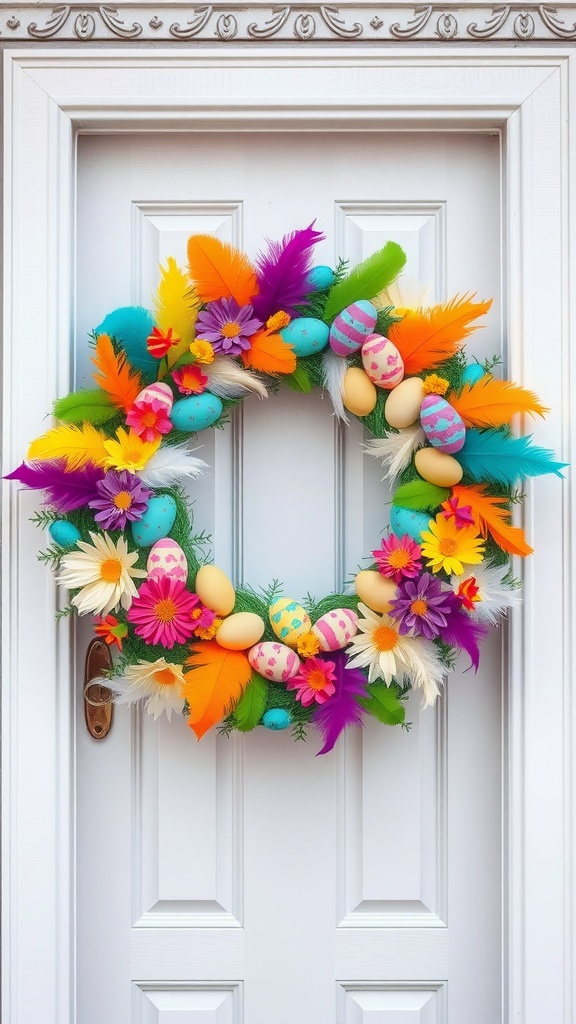 A colorful Easter wreath featuring feathers, flowers, and decorated eggs hung on a white door.