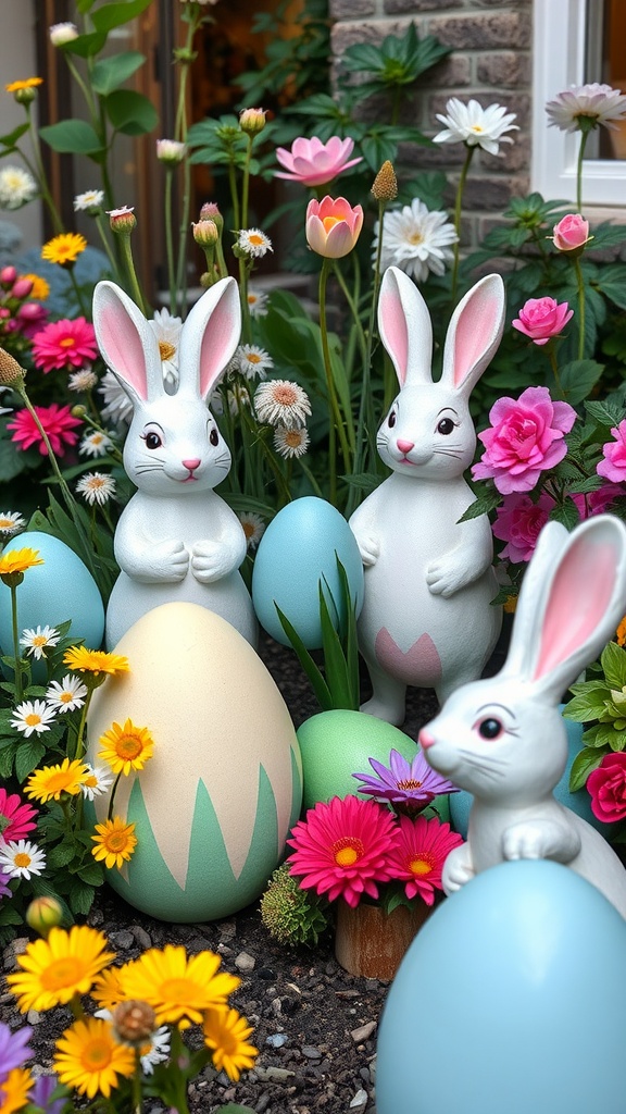 A whimsical garden scene featuring bunny figurines and colorful Easter eggs surrounded by flowers.