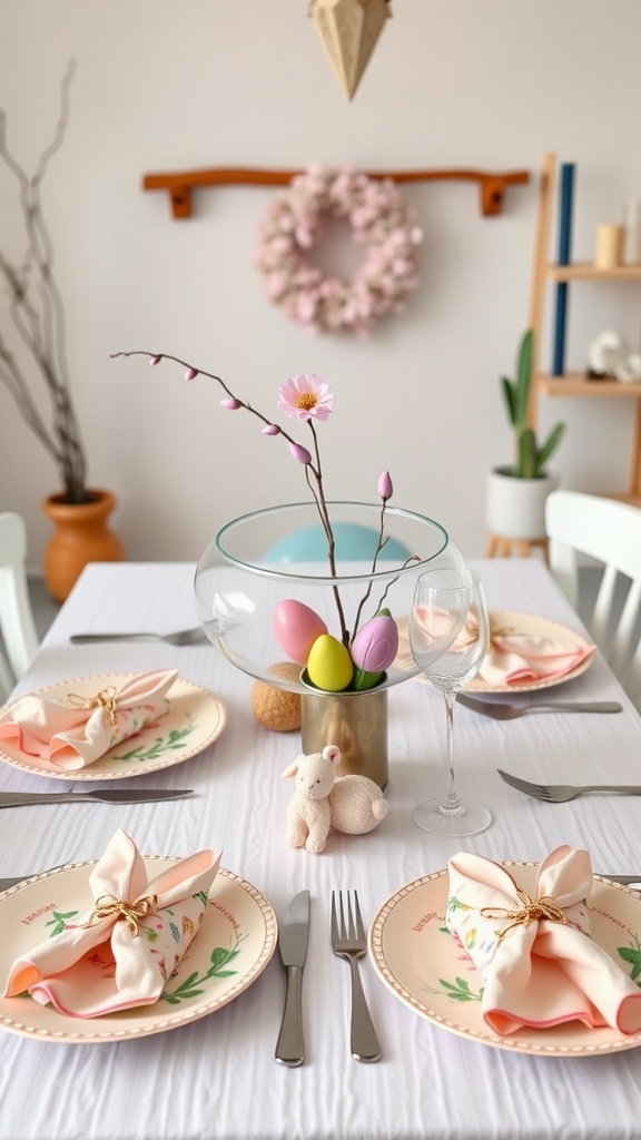 A beautifully arranged Easter table setting with pastel colors, decorative plates, and a colorful centerpiece of Easter eggs.