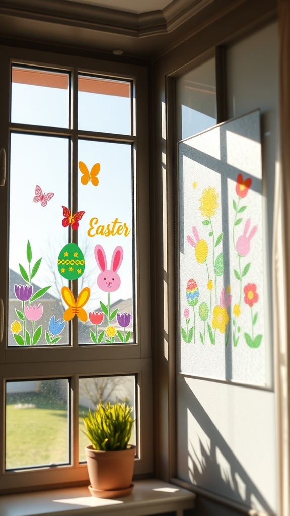 Colorful Easter window clings featuring bunnies, flowers, and butterflies decorating a sunny window.