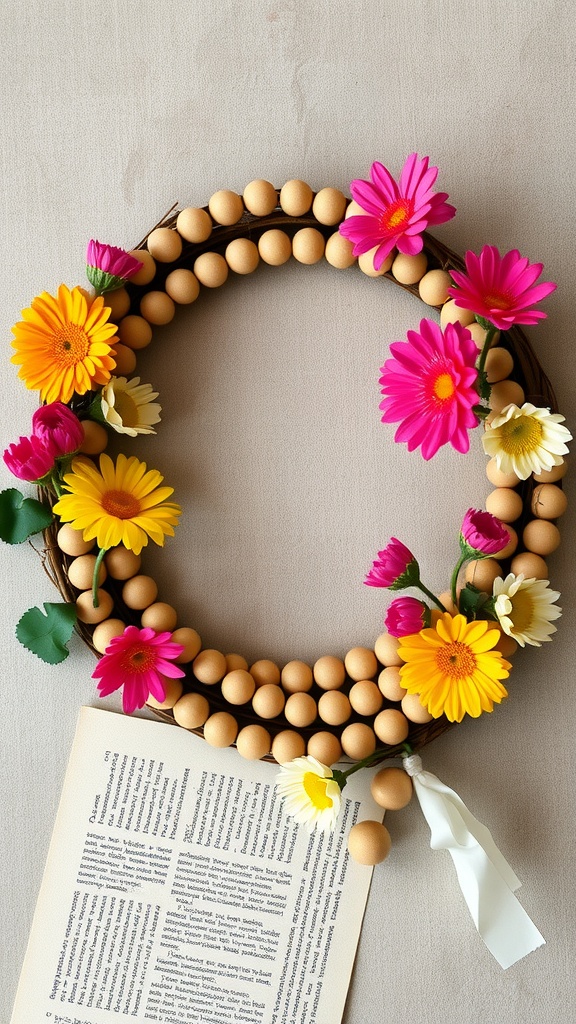 A colorful wooden bead and flower wreath with pink and yellow flowers, displayed on a light background.