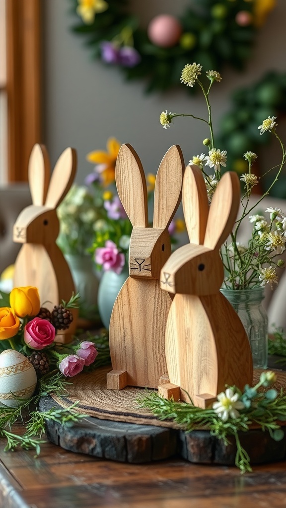 A trio of wooden bunny decorations surrounded by flowers and colorful Easter eggs on a rustic wooden table.