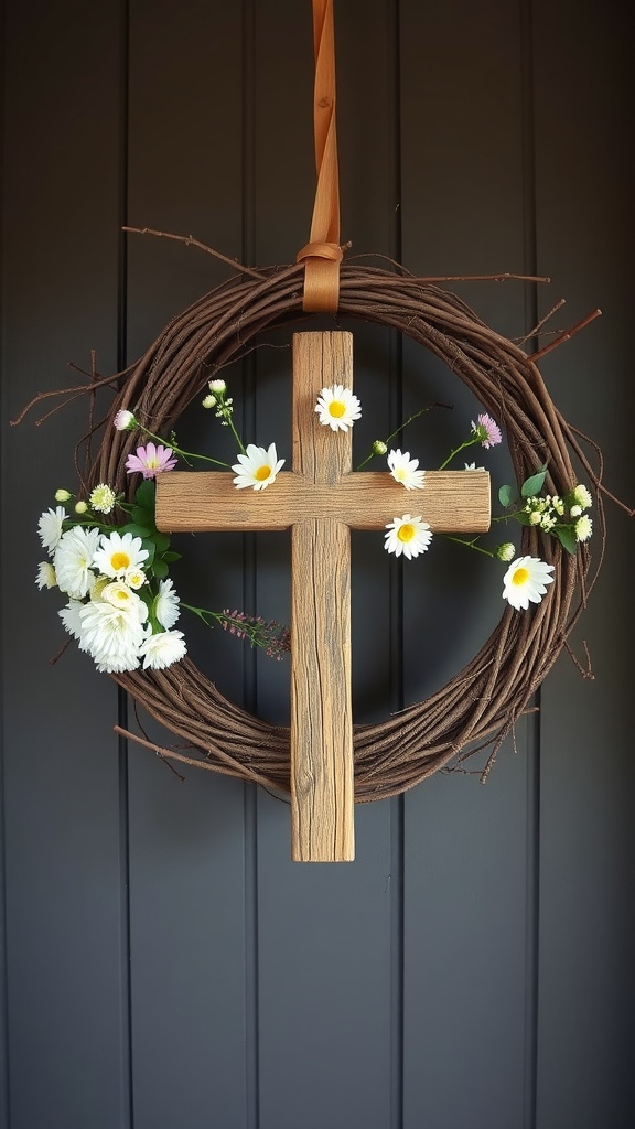 A Wooden Cross Easter Wreath with a natural twine base and colorful flowers, hanging on a dark door.