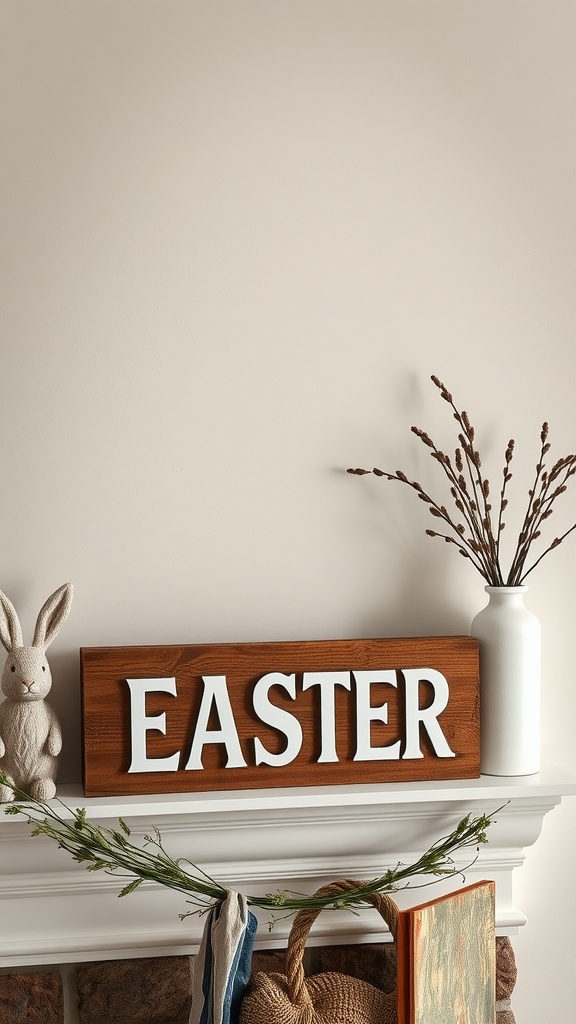 Wooden sign reading 'EASTER' on a mantel with decorative elements