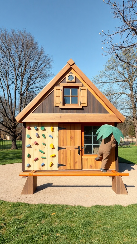 A charming adventure-themed playhouse with a climbing wall and vibrant colors, set against a clear blue sky.