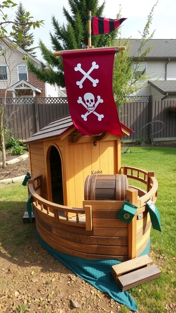 A wooden pirate ship playhouse with a flag and skull design, surrounded by grass.