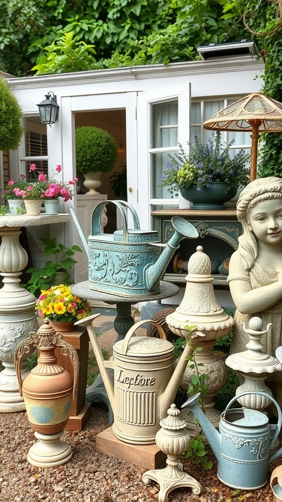 A collection of antique garden decor including watering cans, urns, and statues in a lush garden setting.