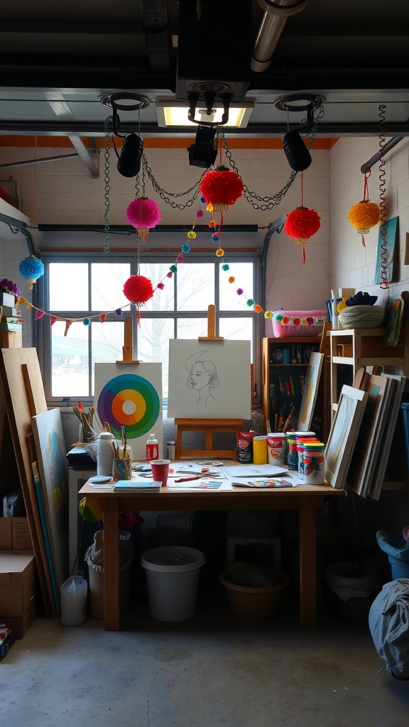 A colorful art and craft station with a table, paints, brushes, an easel, and cheerful decorations.